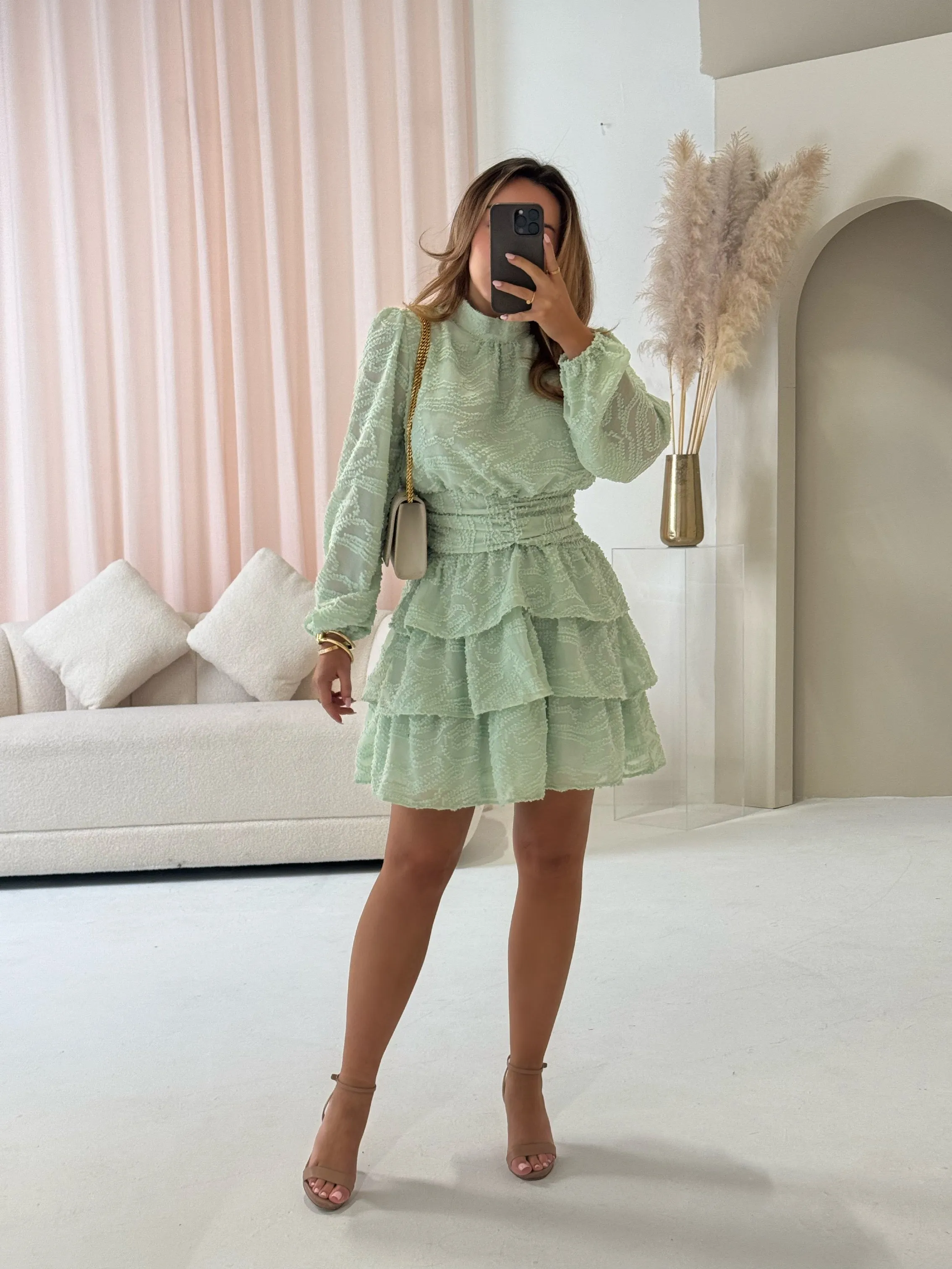 ISLA Sheered Long Sleeved Textured Tiered Mini Dress In Mint