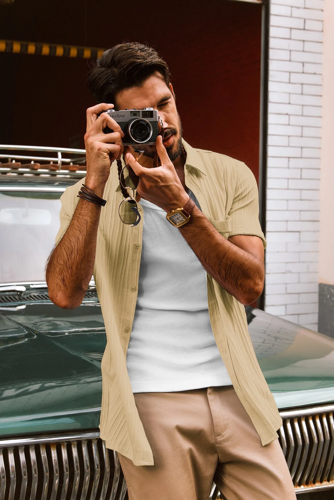 Men Straight Shirt Casual Short Sleeve Lapel Collar Button-up Tops