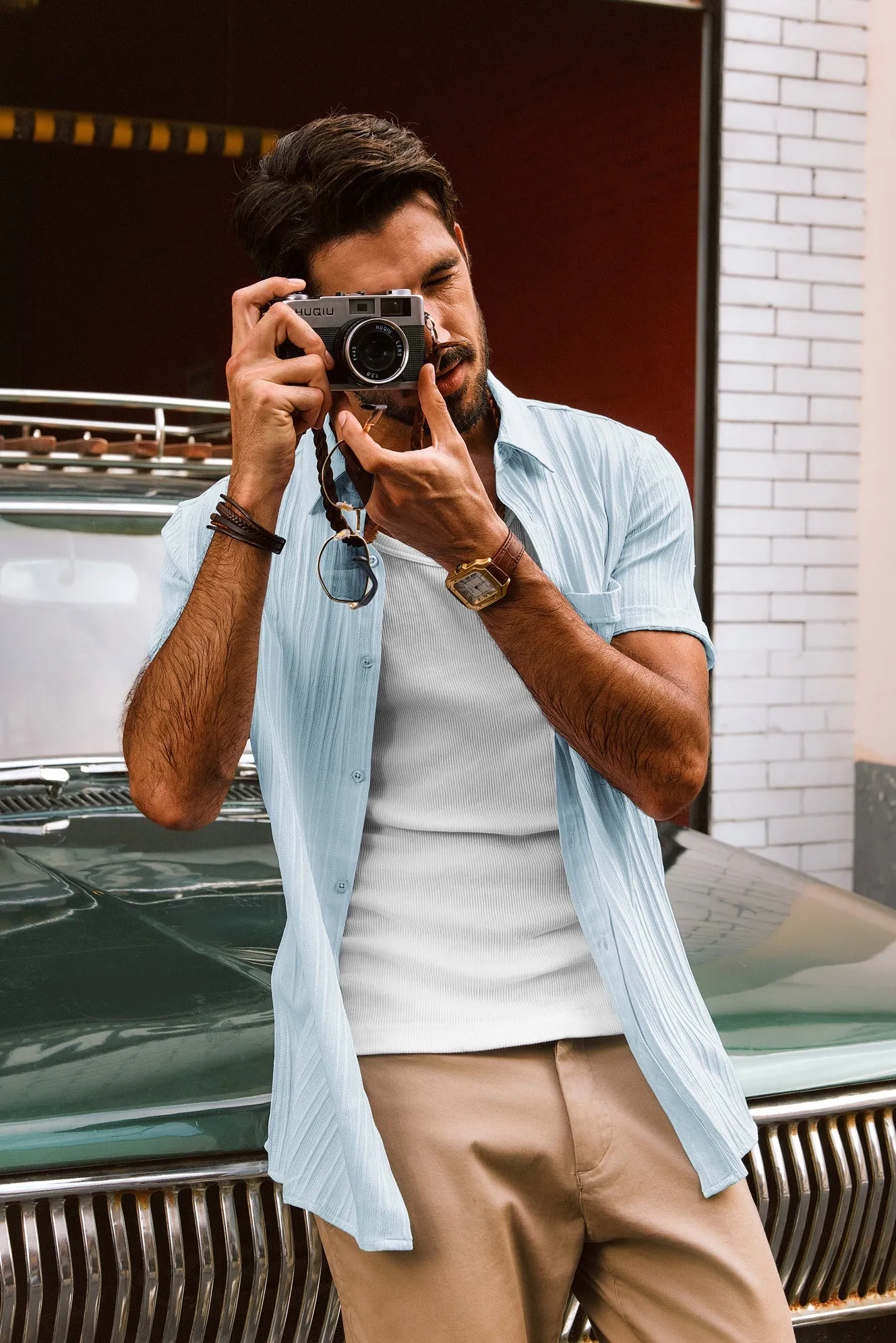 Men Straight Shirt Casual Short Sleeve Lapel Collar Button-up Tops
