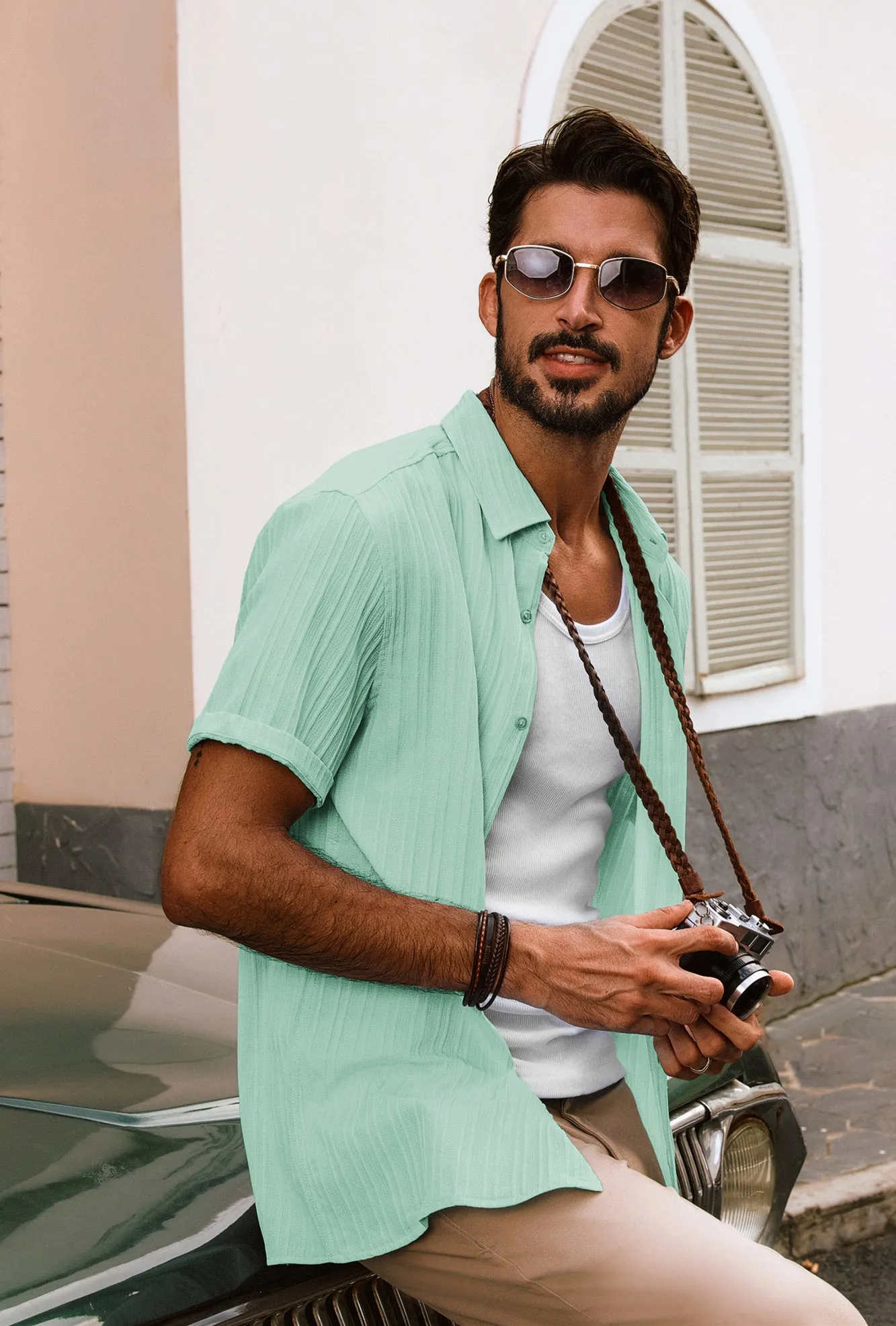 Men Straight Shirt Casual Short Sleeve Lapel Collar Button-up Tops