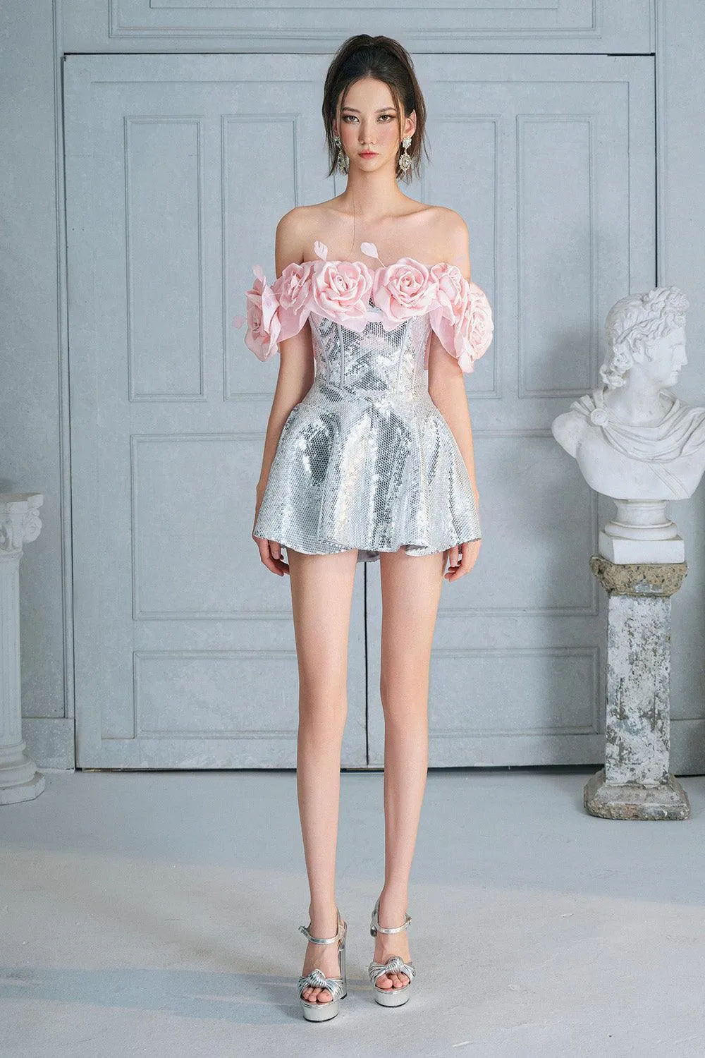 Mina Rose Fit and Flare Off-Shoulder Sequin Mini Dress