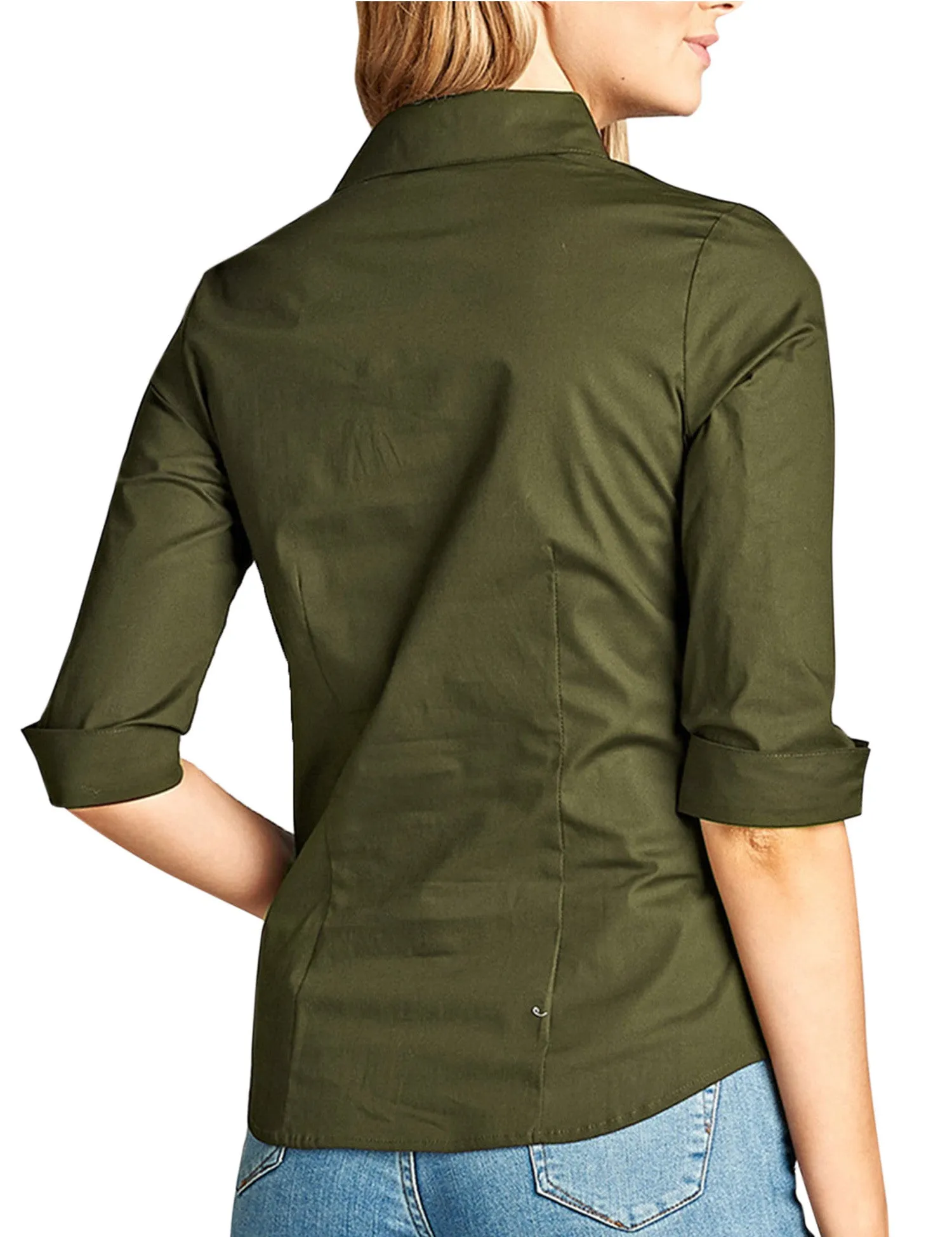 Womens Classic Solid 3/4 Sleeve Button Down Blouse Dress Shirt